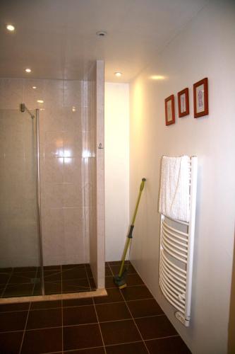 a shower with a glass door in a bathroom at Loire Escapes - Le Grenier in Berrie