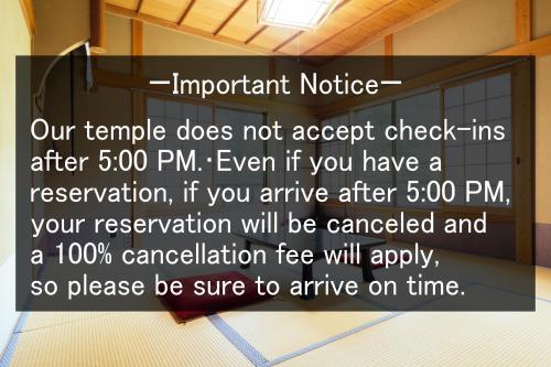 a sign that reads important notice our temple does not accept check his after at 高野山 宿坊 増福院 -Koyasan Shukubo Zofukuin- in Koyasan