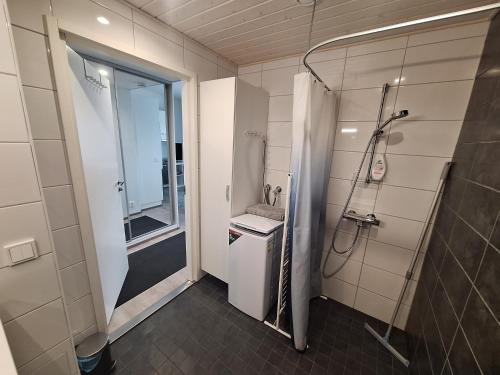 a small bathroom with a shower and a sink at Apartment Songhill in Kuopio