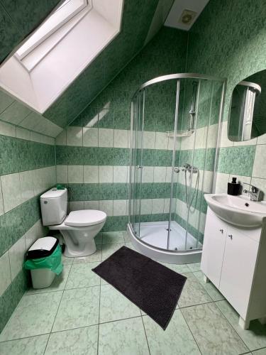 a bathroom with a shower and a toilet and a sink at Dom Gościnny Tomasz Mielenko in Mielenko