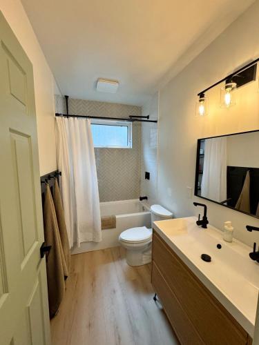 a bathroom with a toilet and a sink and a mirror at Quiet detached home steps from all the action! in Panorama