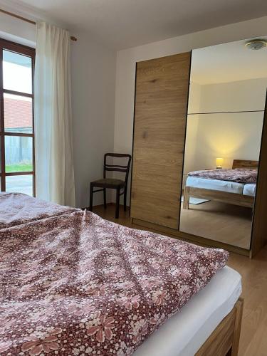 a bedroom with a large mirror and a bed at Ferienwohnung Tor zum Oberwald in Herbstein