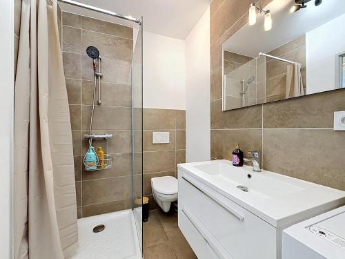 a bathroom with a shower and a sink and a toilet at L'Arrière Cour in Montbéliard