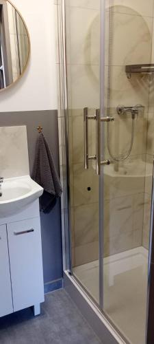 a bathroom with a shower and a sink at Vis-a-vis Apartments in Traben-Trarbach
