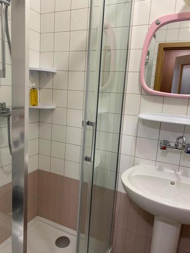 a bathroom with a shower and a sink at Lux Lotnisko in Wrocław