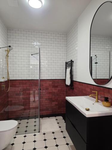 a bathroom with a shower and a sink and a toilet at Apartamenty Stargardt in Stargard