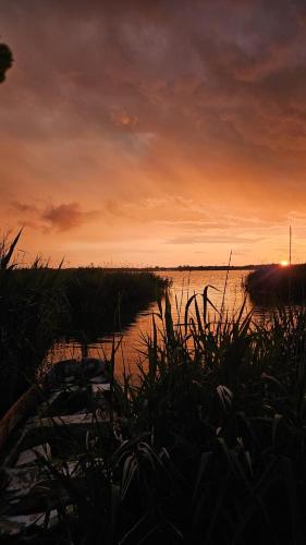 a sunset over a body of water with grass at Podamirowo Domki Nad Jeziorem in Podamirowo