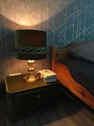 a lamp on a night stand next to a bed at Gemütliches Doppelzimmer mit Balkon und Saunaoption Nordschwarzwald in Simmersfeld