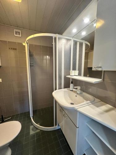 ein Badezimmer mit Dusche, Waschbecken und Toilette in der Unterkunft Airin in Imatra