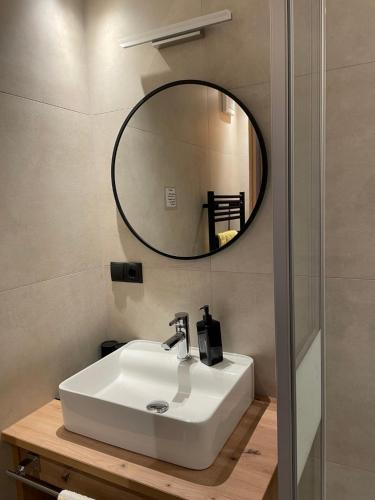 a bathroom with a white sink and a mirror at Apart Mangweth in Nauders
