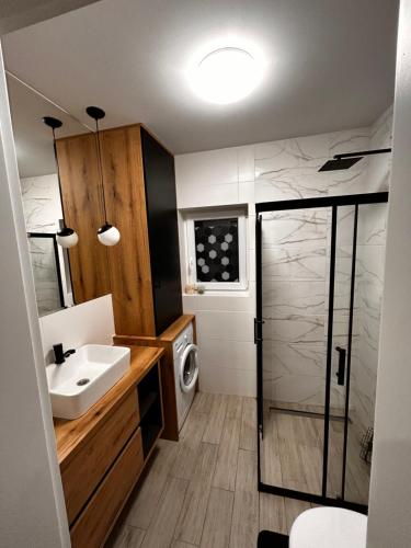 a bathroom with a sink and a washing machine at Rumelówka in Wawrowice