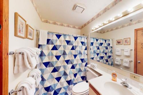a bathroom with a toilet and a sink and a mirror at Ober Tal Getaway in Stratton