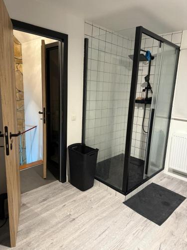 a shower with a glass door in a room at Tomorrowland Home in Boom