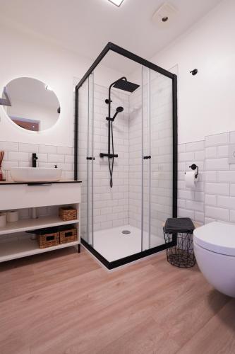 a bathroom with a shower and a toilet and a sink at Lapės Kalva in Rimėnai