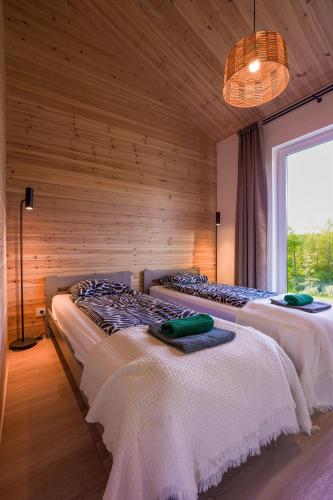 two beds in a room with a large window at Lapės Kalva in Rimėnai