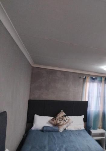 a bedroom with a bed with a black head board at Vumasky 2 in Ladysmith