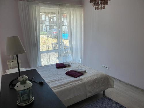 a bedroom with a bed with a table and a window at Apartamenty Owocowe in Rowy
