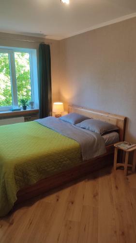 a bedroom with a bed with a green comforter at Viļāni Nākotnes in Viļāni