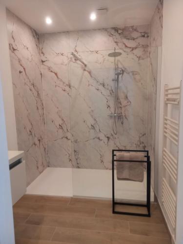 a bathroom with a shower with a marble wall at TML Parkview Apartment in Boom