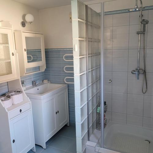 a bathroom with a shower and a sink at Słoneczne piętro w Kolbudach in Kolbudy