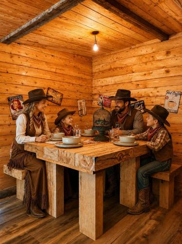 a group of people sitting at a table in a cabin at Les Ecuries du Ranch in Les Cresnays