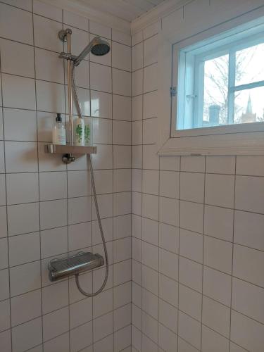 a shower in a white tiled bathroom with a window at Villa Matilda in Uusikaupunki