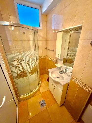 a bathroom with a shower and a sink and a mirror at Vala Rooms in Struga