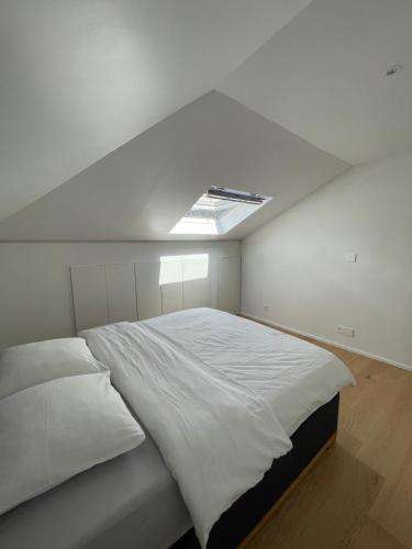 a bedroom with a large white bed with a skylight at Appartement Wonder 2 au centre de Couvet in Couvet