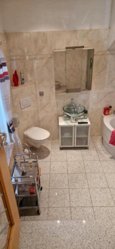 a bathroom with a sink and a toilet at Ferienwohnung Kannemann in Herzberg am Harz