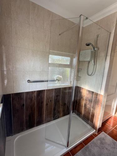 a shower with a glass door in a bathroom at Pegs Cottage in Clonmel