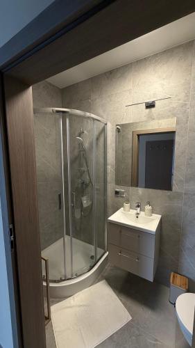 a bathroom with a shower and a sink at Apartamenty Nadjeziorna in Ełk