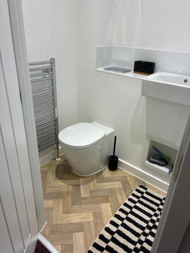 a bathroom with a toilet and a sink and a rug at StaywithusHighbridge in Highbridge