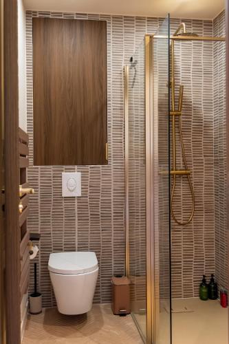 a bathroom with a toilet and a shower at LA BRISA Duplex chaleureux in Hyères
