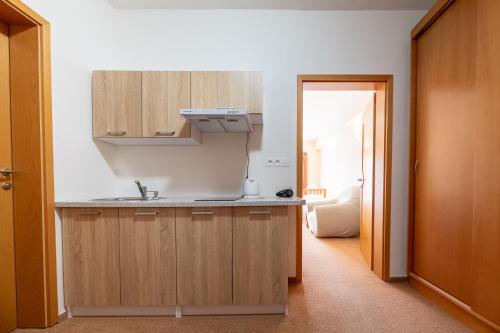 a kitchen with a sink and a counter top at Hotel Empire Europe in Prievidza