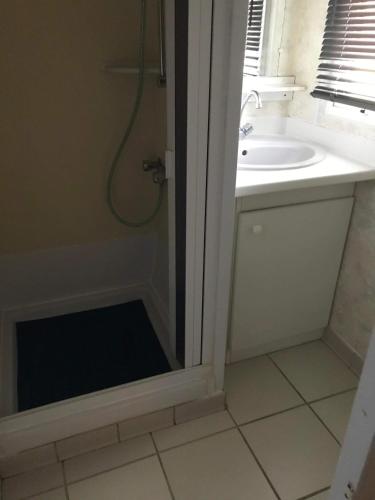 a bathroom with a shower and a sink at Camping montagne in Camurac