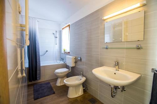 a bathroom with a sink and a toilet and a mirror at Vila Foška in Žminj