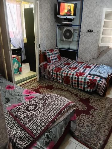 a bedroom with two beds and a tv in it at ادفو 35سرير ثلاثي in Alexandria