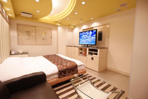 a hotel room with a bed and a flat screen tv at HOTEL ATLAS Shinkabukicho (Adult Only) in Tokyo