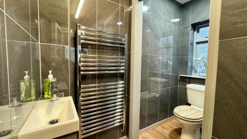 a bathroom with a toilet and a sink at The Coach House in Braunton