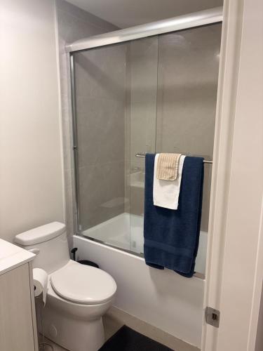a bathroom with a toilet and a shower with a blue towel at Cozy home in Burnaby