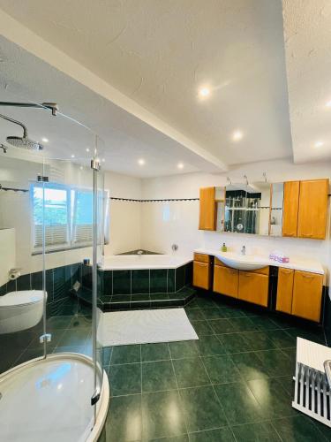 a bathroom with a shower and a sink and a tub at Ferienhäuser Radebeul "Maisonette Klein Nizza" in Radebeul