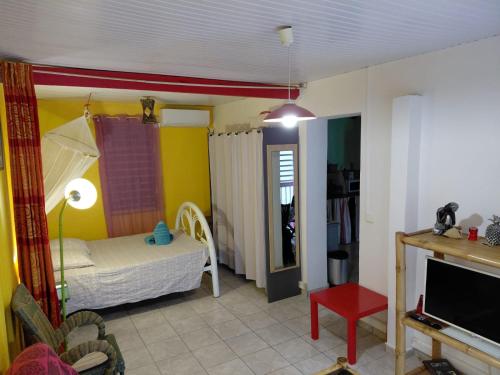 a bedroom with a bed and a tv in a room at Nid du Lagon in Sainte-Anne