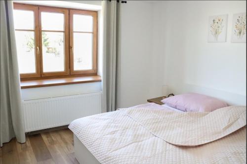 a bedroom with a bed and a window at Dům U babičky in Laškov