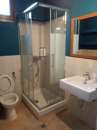 a bathroom with a shower and a toilet and a sink at House with garden in Agria