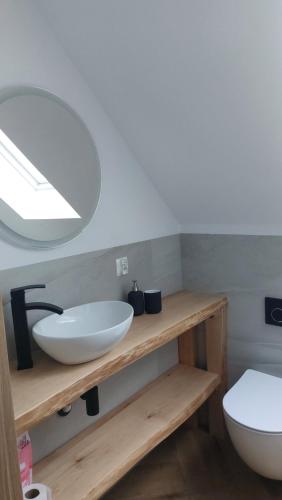 a bathroom with a sink and a toilet at Dom nad jeziorem Serwy in Serwy