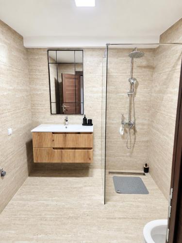 a bathroom with a sink and a shower at Vila Dinka in Lipovac