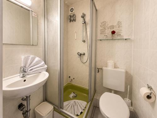 a bathroom with a shower and a toilet and a sink at Dana Living Apartment Bremen HBF - Zentrum, Altstadt, Messe, ÖVB Arena, Business Apartment mit Self Check-in in Bremen