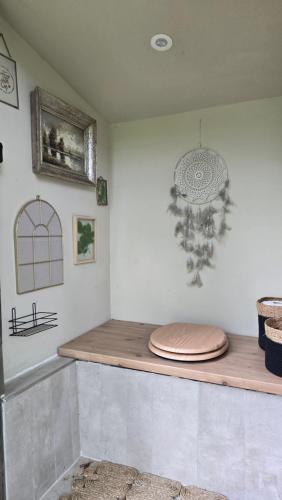 a kitchen with a counter top with a chandelier at OLA I Oáza Les Atmosféra I Oasis Forest Atmosphere in Petrov