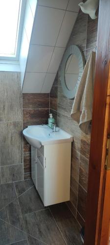 a bathroom with a sink and a mirror at Domki Żaklin in Berezka