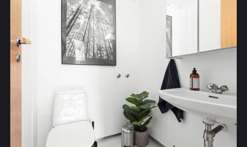 a bathroom with a white sink and a toilet at U Maxa , całe mieszkanie na wyłączność in Sogndal
